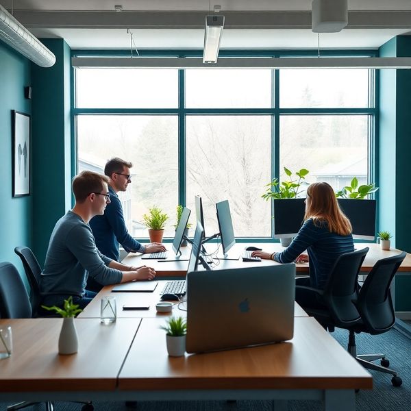 Kleines Software-Team im modernen Kölner Büro mit Teal-Akzentwand