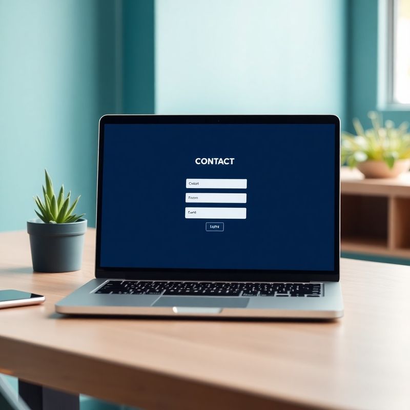 Moderner Arbeitsplatz mit Laptop, auf dem ein Kontaktformular geöffnet ist